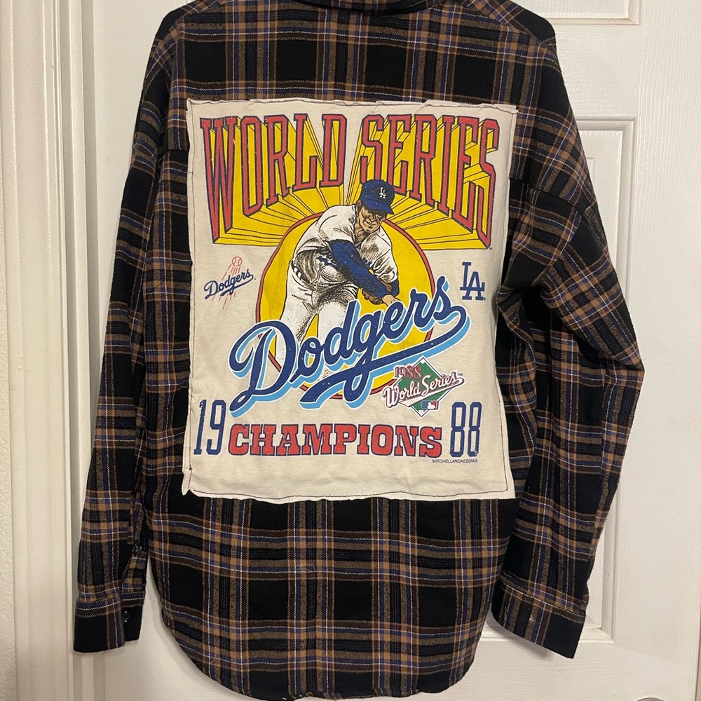 Vtg dodgers tee and flannel upcycle Shirt with Graphic Back Patch